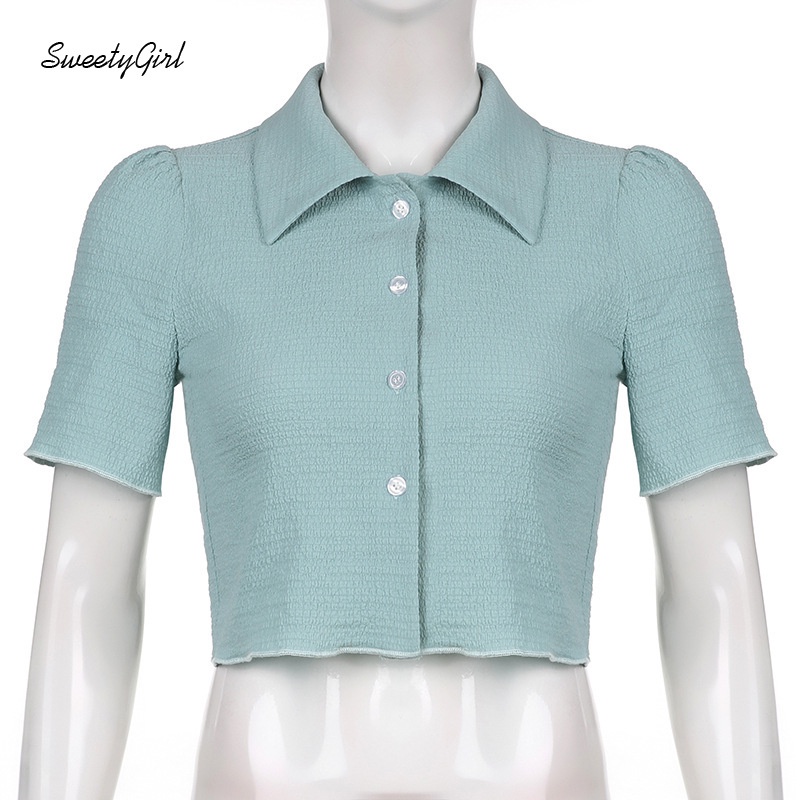 Áo Sơ Mi Tay Ngắn Cổ Bẻ Cài Nút Dáng Ôm Màu Trơn 2022 Thời Trang Cho Nữ
