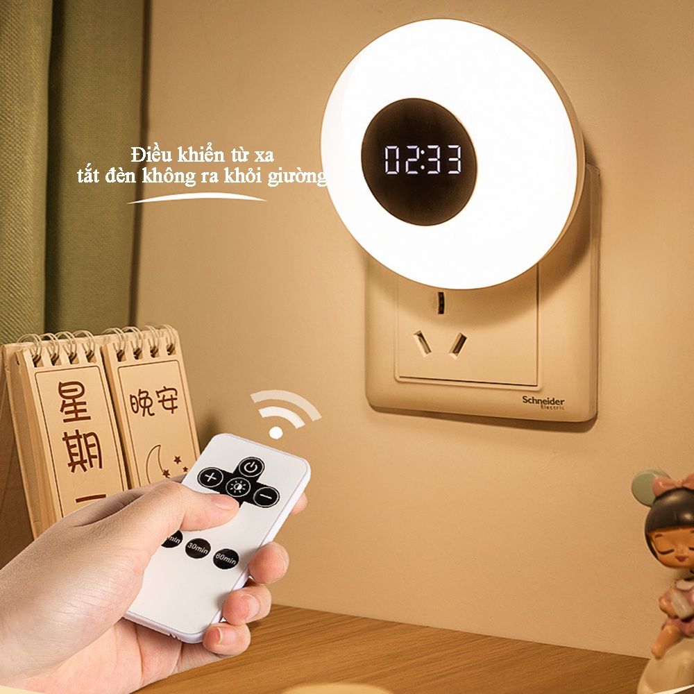 Đèn ngủ điều khiển từ xa hình tròn tích hợp đồng hồ xem giờ ánh sáng 3 màu, điều chỉnh tăng giảm độ sáng 10 cấp độ