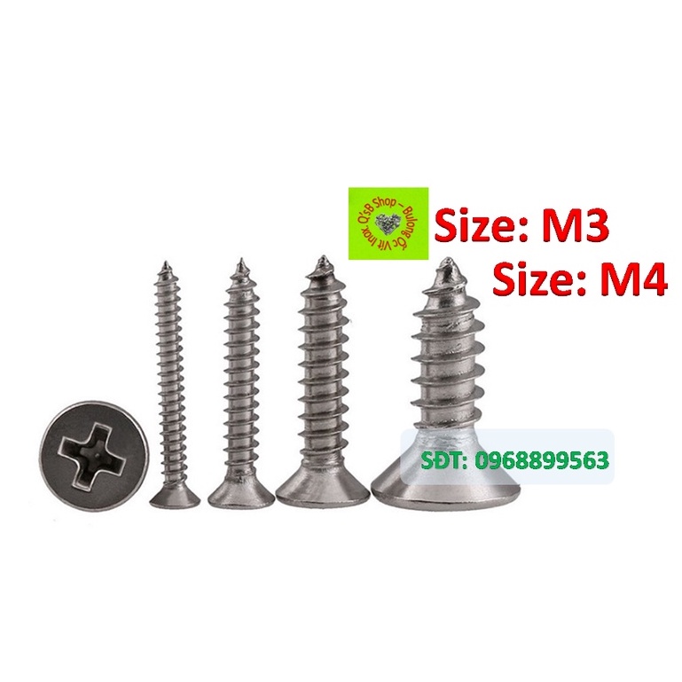 Vít gỗ đầu bằng inox size M3 và M4 chuẩn, giá rẻ. Inox 201, inox 304 DIN 7982C