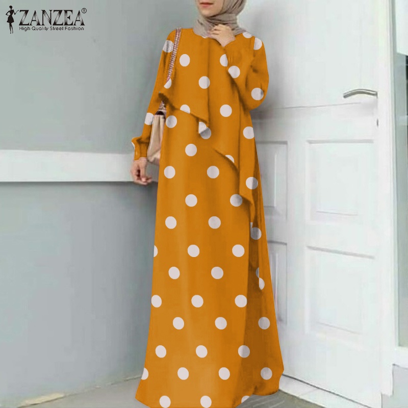 Zanzea Đầm Maxi Tay Dài In Họa Tiết Chấm Bi Dành Cho Phụ Nữ Hồi Giáo