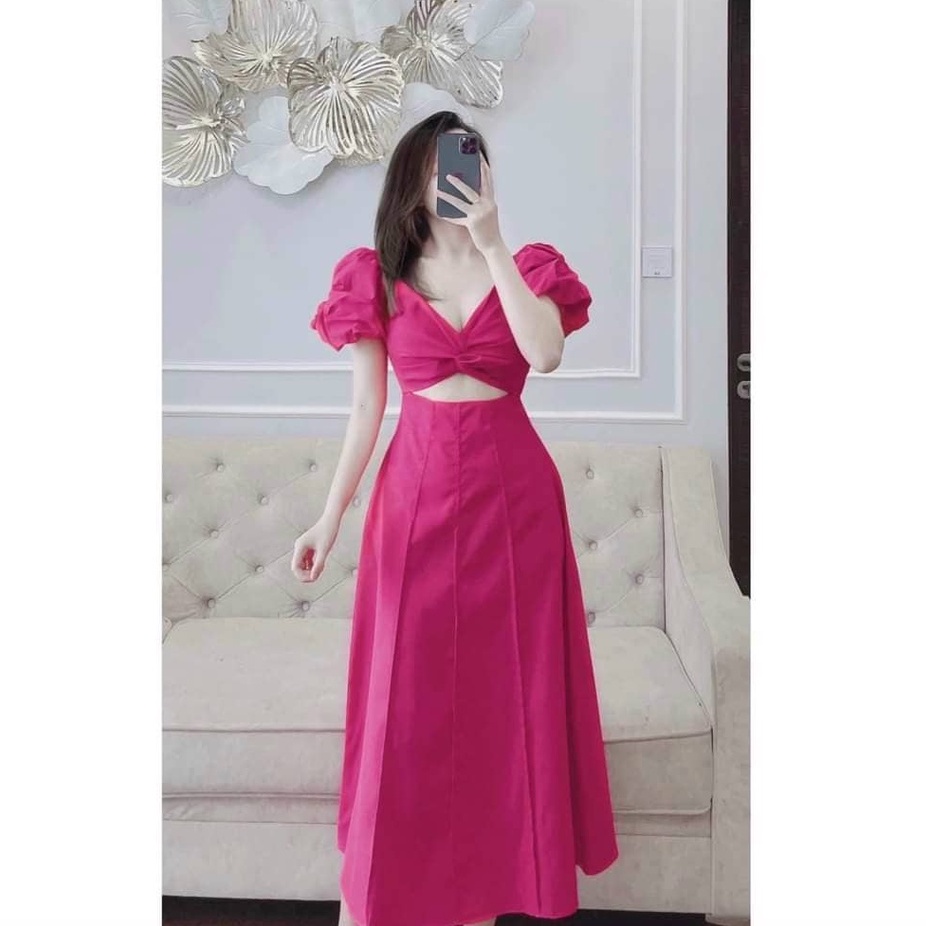Đầm nữ kiểu dáng xoắn ngực khoét eo dáng xòe sang trọng quyến rũ