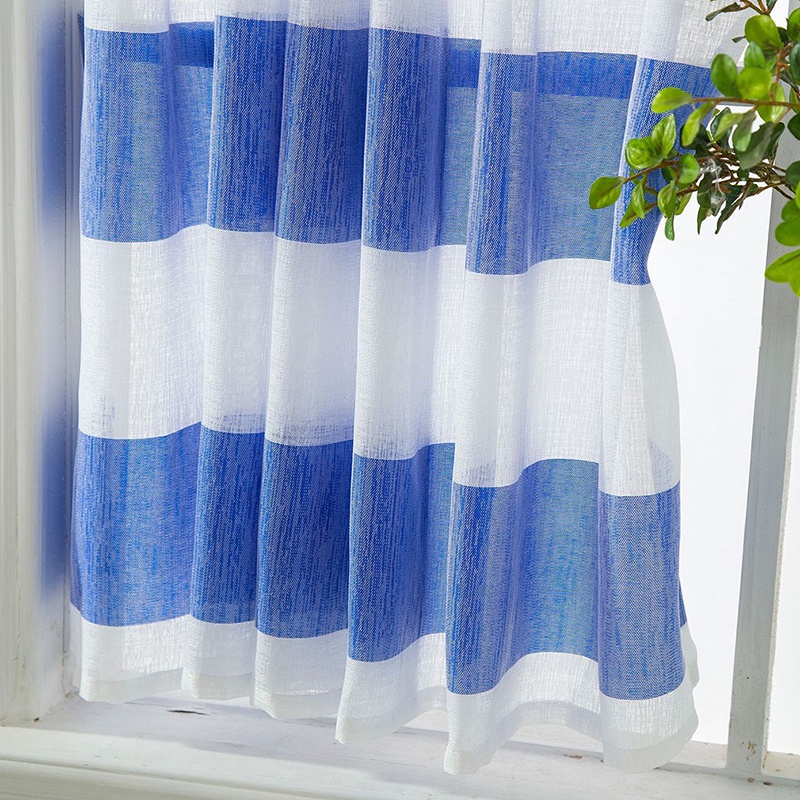 Cafe Kitchen Flight Wire Blue Gray Stripes Window Valance Sheer Voile Curtains