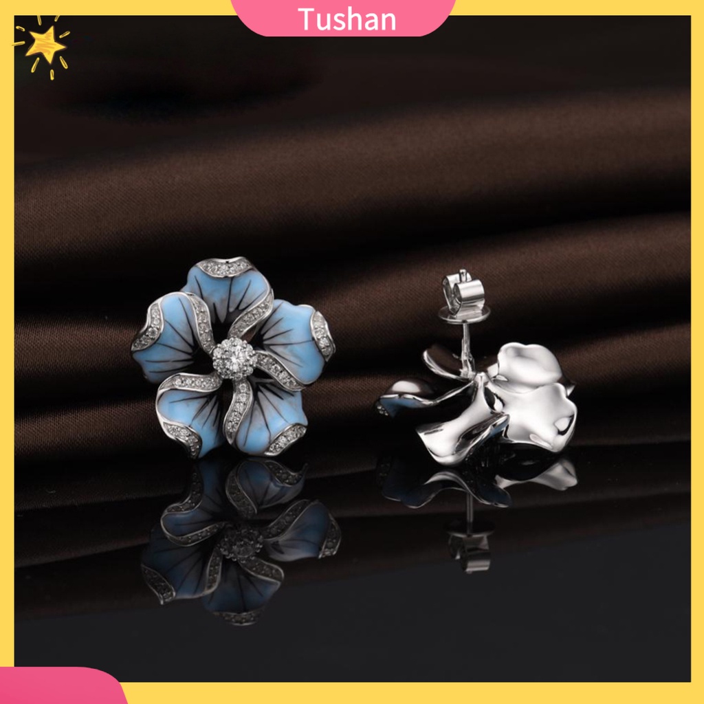 TUSH Women Cubic Zirconia Inlaid Enamel Flower Ear Stud Earrings Wedding Jewelry Gift
