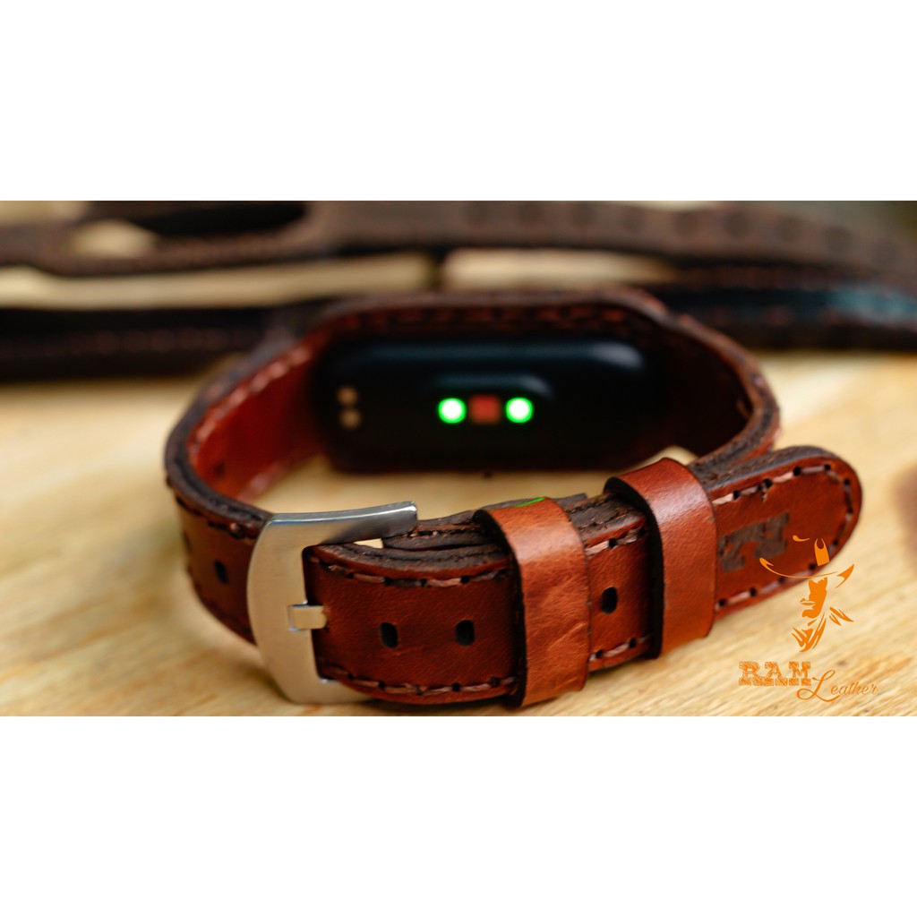 Dây miband da bò thật cao cấp cho miband 3 , miband 4 , miband 5, miband 6 da bò nâu đỏ - RAM Leather