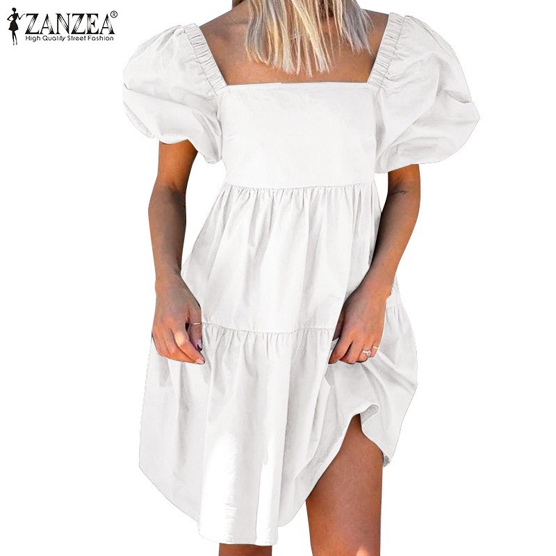 Đầm ZANZEA mini cổ vuông tay phồng có thun co giãn màu trơn thời trang dành cho nữ