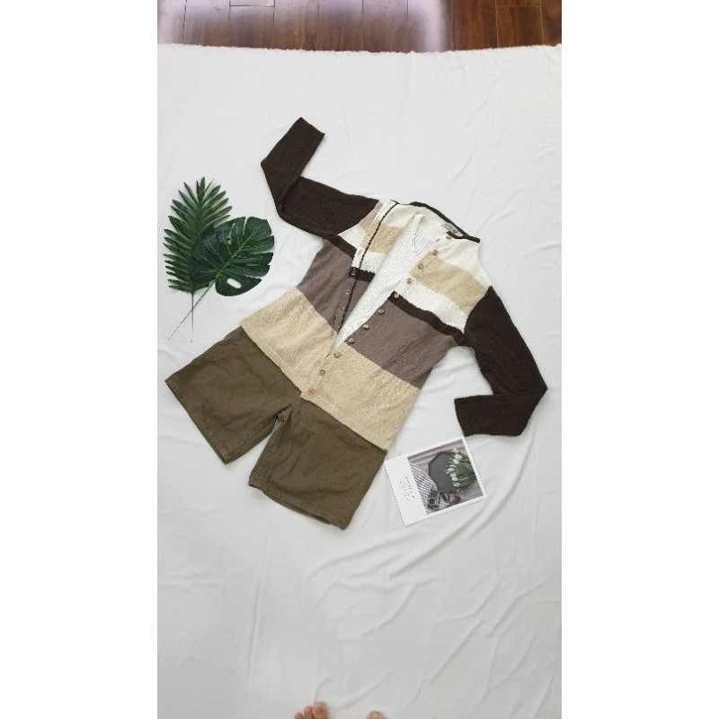 Ghép set bộ áo khoác len mỏng vs quần sooc kaki