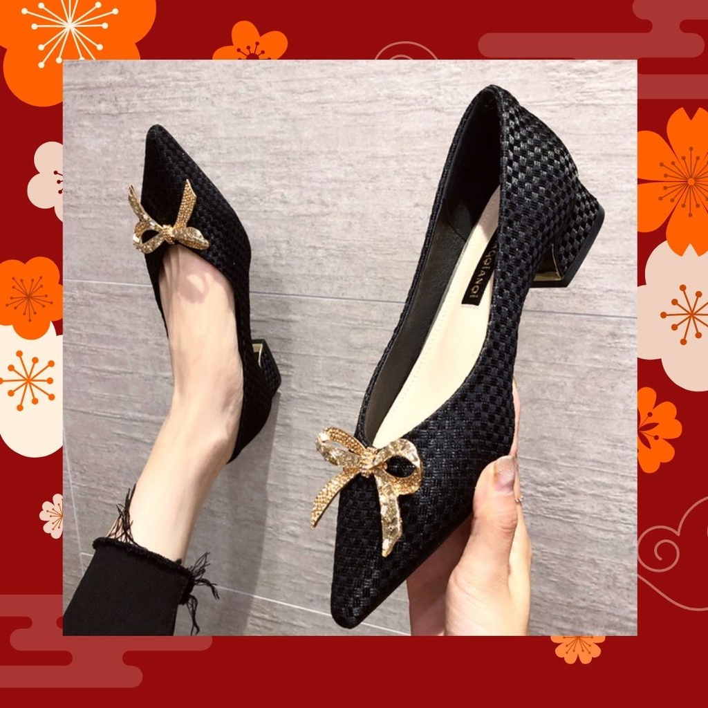 Giày Búp Bê Nữ Mũi Nhọn, Giày Cao Gót Đế Bằng Cao 3 Phân, Chất Liệu Lụa Xước, Charm Nơ - DA684
