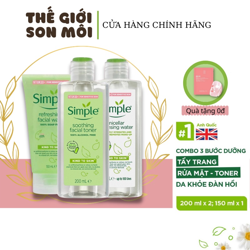 Simple dưỡng da trọn gói dịu nhẹ Combo  (Tẩy trang + Sữa rửa mặt + Toner)