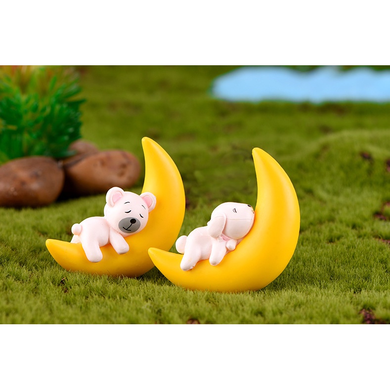 Mô hình thú ngủ mặt trăng (mèo, gấu, thỏ, chó trắng) làm móc khóa, trang trí Jibbitz, tiểu cảnh, terrarium, DIY