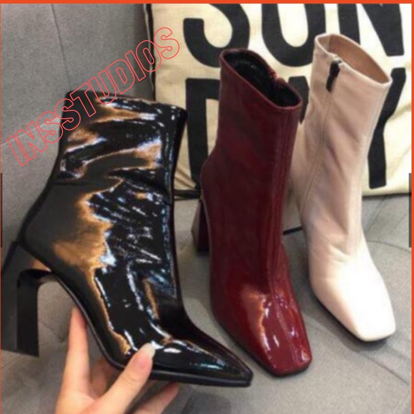 [Giày boots nữ lửng da bóng] [Bốt nữ da bóng mũi vuông lót lông 2021] Boot cao gót gót vát khóa cạnh màu đen trắng