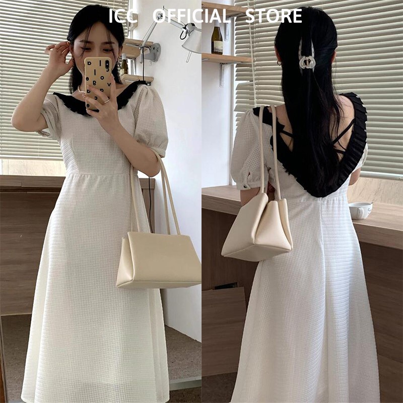 [ORDER] Đầm Trắng Phối Đen Cổ Thuyền Khoét Lưng Dáng Dài CHIC Hàn Quốc VD100 ICC Official Store
