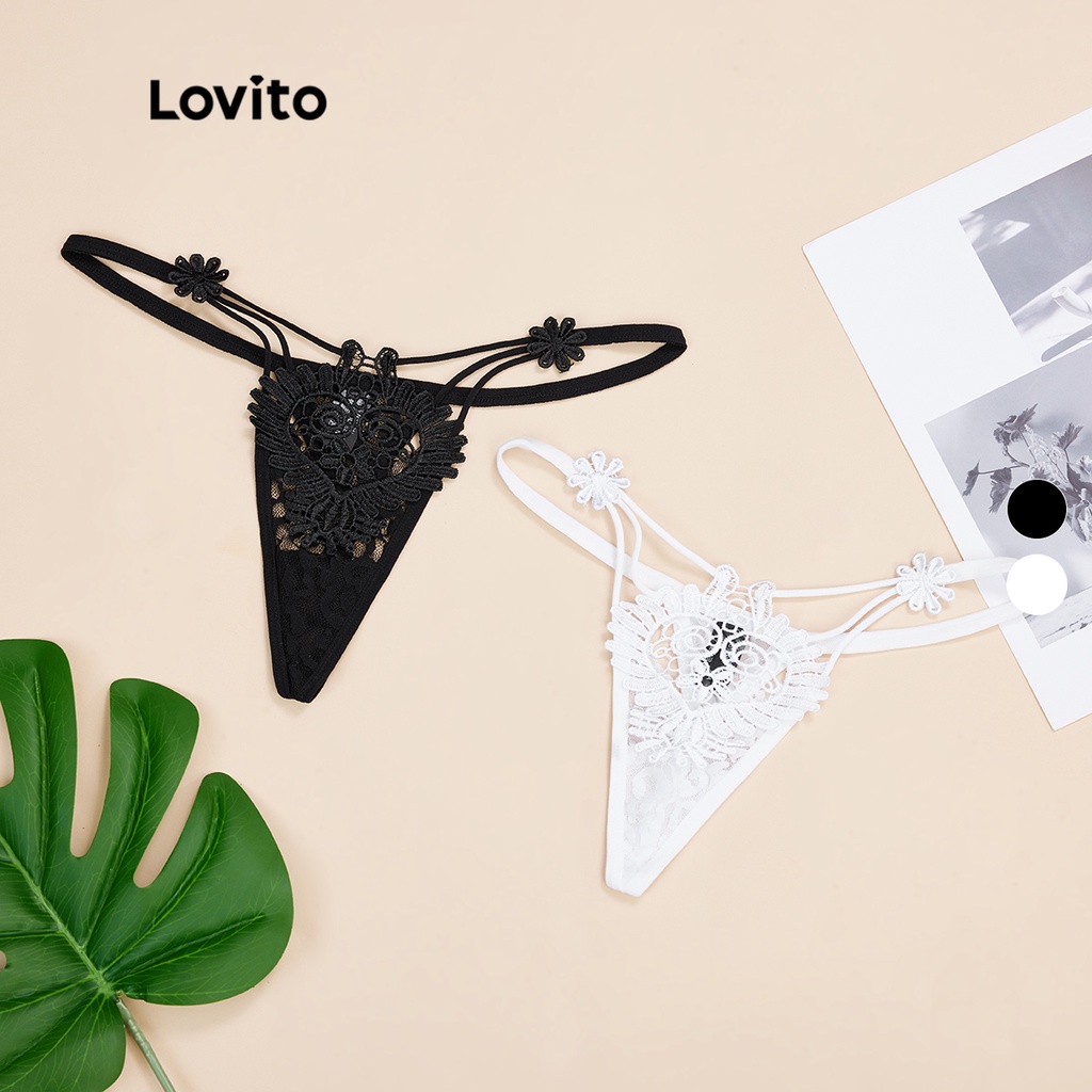 Quần lót Lovito lọt khe ren thêu xuyên thấu cắt xẻ sexy L162224 (Màu đen/trắng)