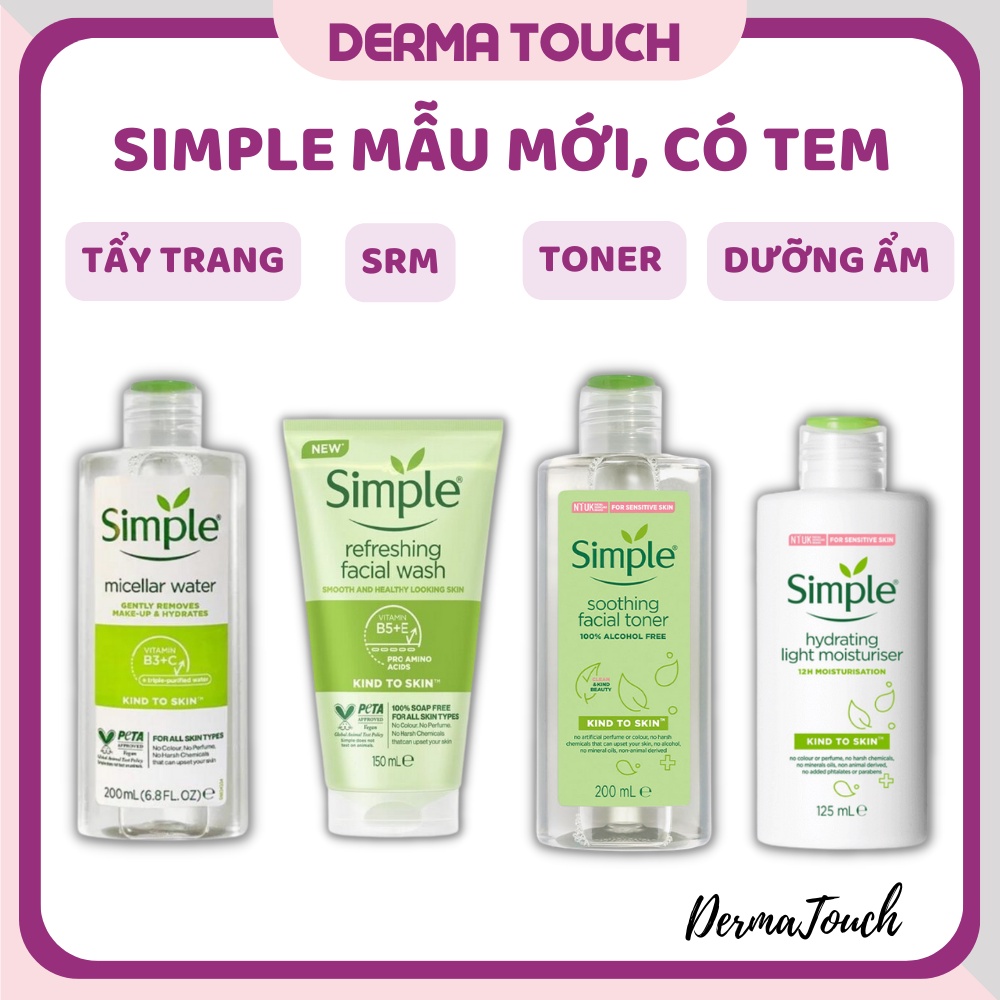 Simple mẫu mớiTẩy trang - Sữa rửa mặt mẫu mới - Toner - Dưỡng ẩm - Chính hãng, có tem - Dược mỹ phẩm Derma Touch