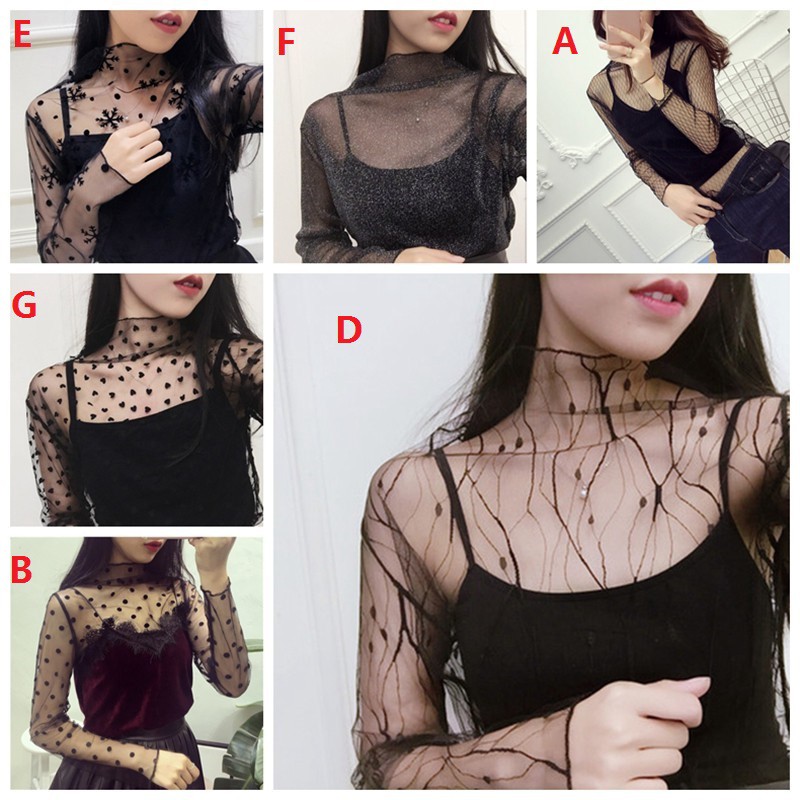 Women Mesh T-shirts Long Sleeve Tops Hot Sexy High Neck Black Lace Bottoming Shirts Punk Chic T Shirt Women