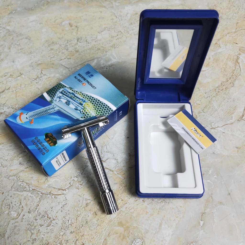 Bàn Cạo Râu Inox NANJIE NJ997 kèm lưỡi Lam không rỉ với chế độ Xoay cán tự mở nắp bàn Full Hộp