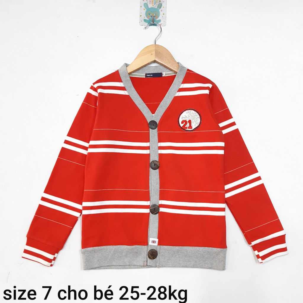 DG79-AL-07- Áo len tay dài bé trai, nút, cổ V, màu đỏ phối sọc, size đại cho bé trên 30kg, made in Việt Nam