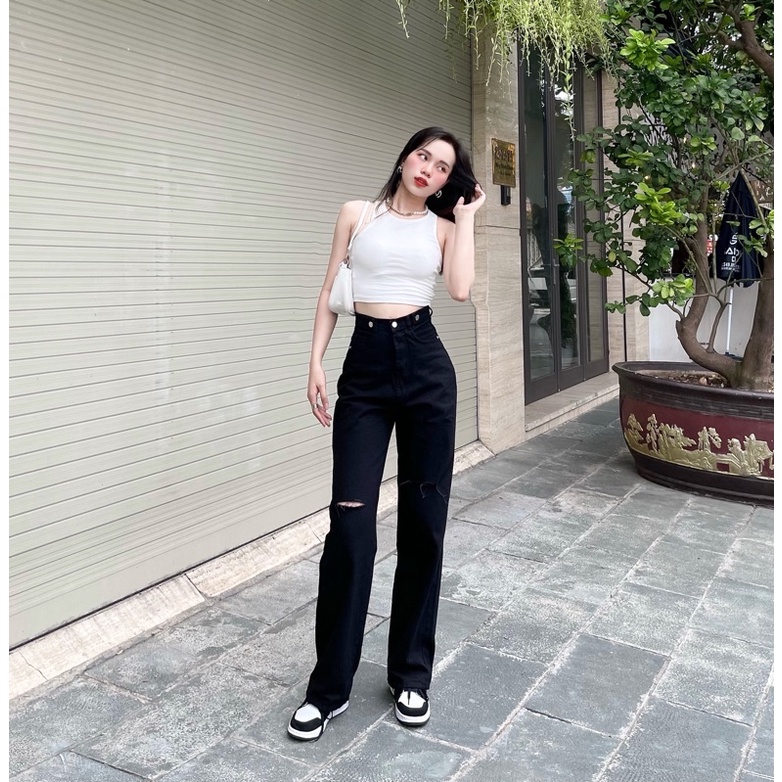 Quần Jean Nữ Ống Suông Lưng Siêu Cao Màu Đen Cạp Nút Shop YuRi Jeans (Hình Thật Shop Chụp Kèm Video)