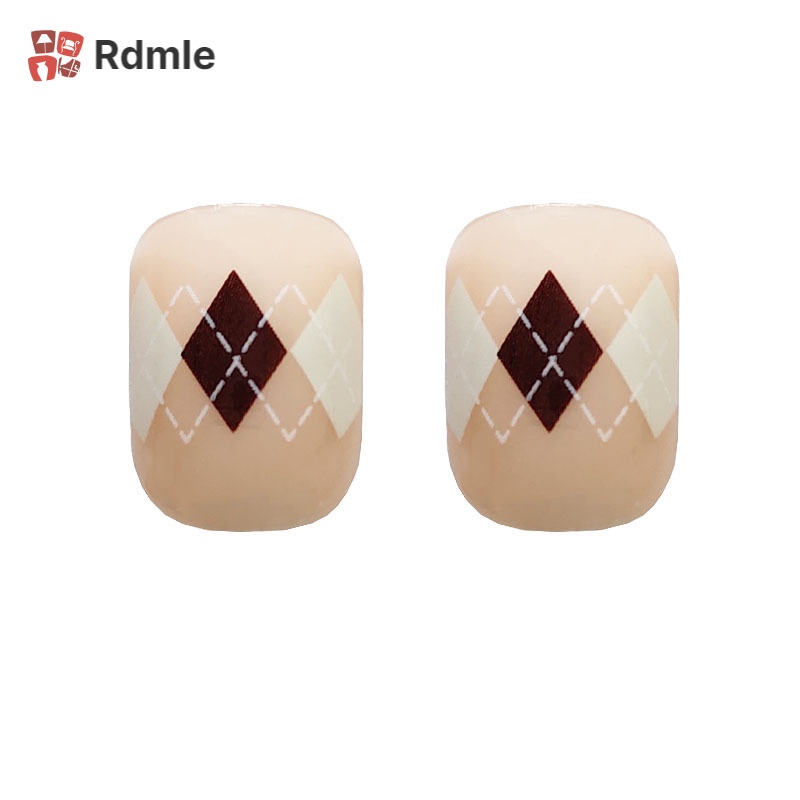 Set 24 móng tay giả ngắn màu nâu kẻ sọc phong cách pháp với gel thạch dành cho nữ