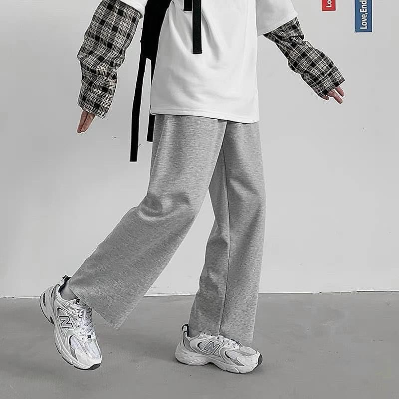 Quần Nỉ Trơn Xám Ống Suông Rộng Phong Cách Unisex Nam Nữ