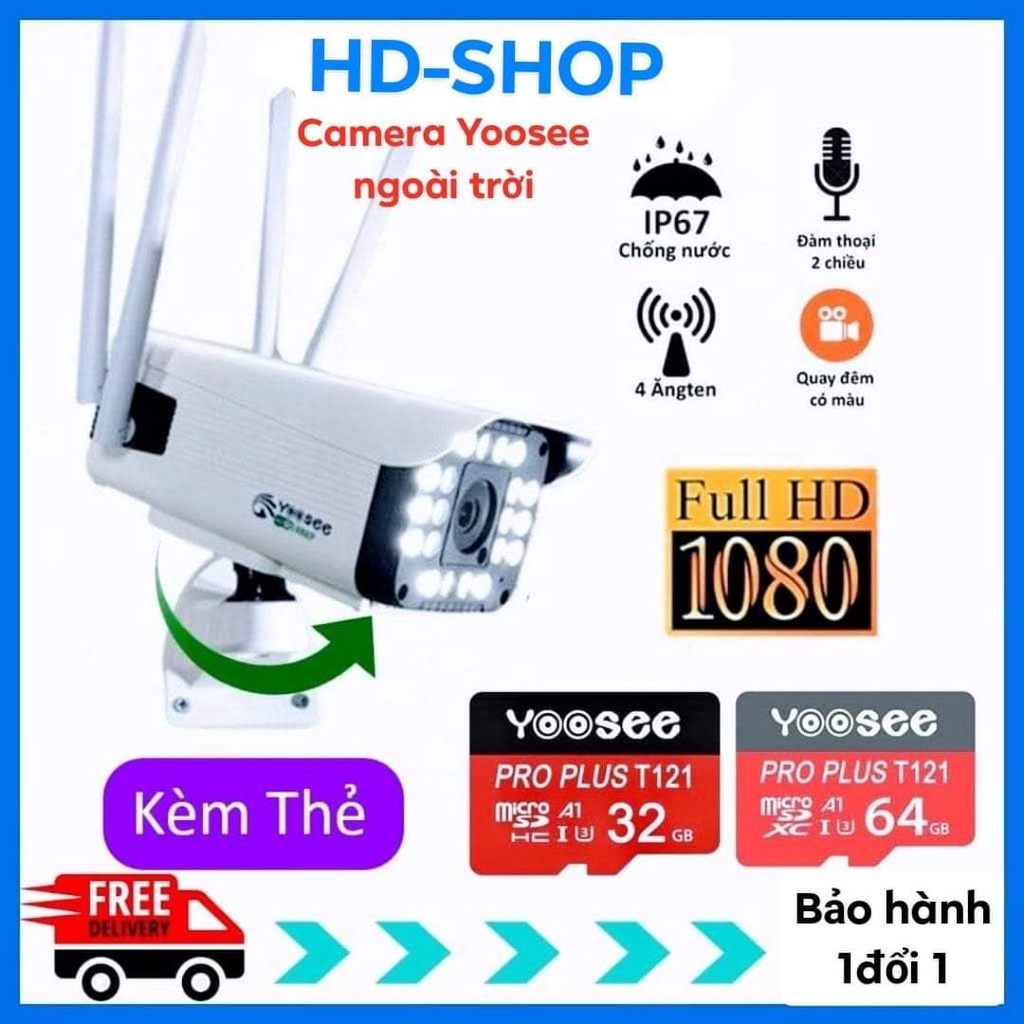 Camera yoosee ngoài trời 4 râu, 20 ĐÈN ,THÂN XOAY, 3.0 MP Ban Đêm Có Màu - Camera wifi kèm thẻ nhớ yoosee | BH 1 đổi 1.