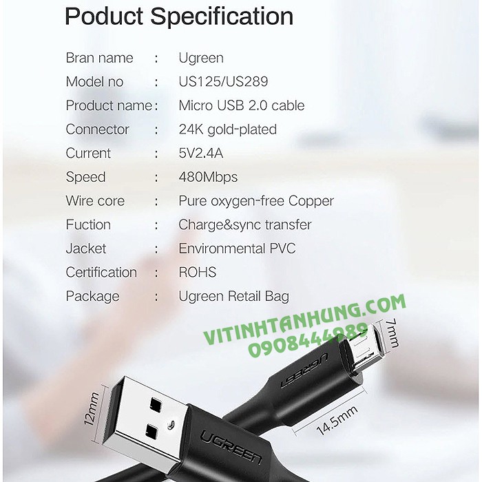 Cáp sạc USB 2.0 A sang Micro USB Ugreen 60135 60134 US289 CHính hãng