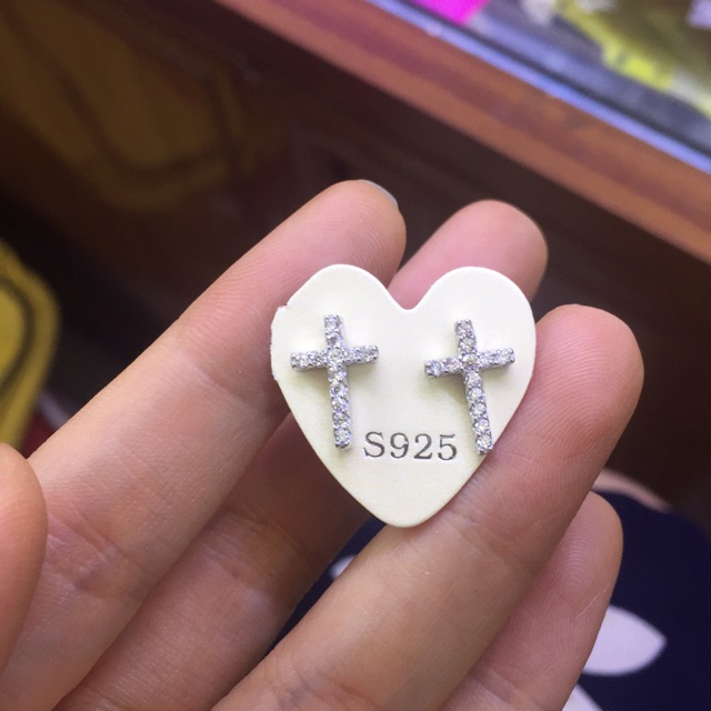 Khuyên tai T đính đá nhỏ nhân tạo bạc thật mạ vàng trắng (xi kim)