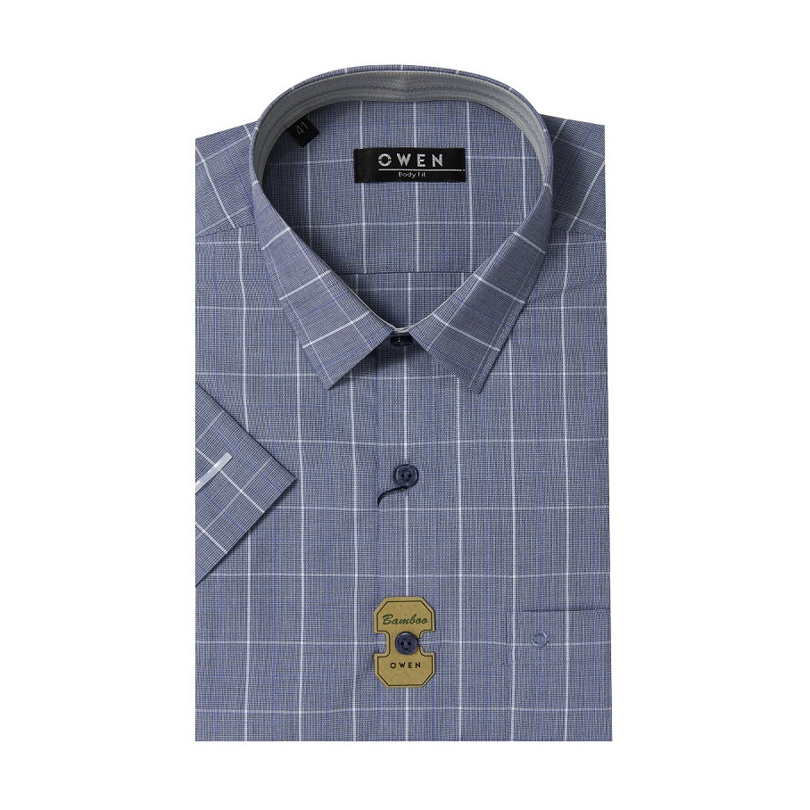 Áo Sơ Mi Nam Ngắn Tay OWEN BA220008NT Somi Công Sở Cao Cấp Màu Xanh Tím Caro Trắng Vải Sợi Tre Dáng Suông Tà Bằng Có Túi