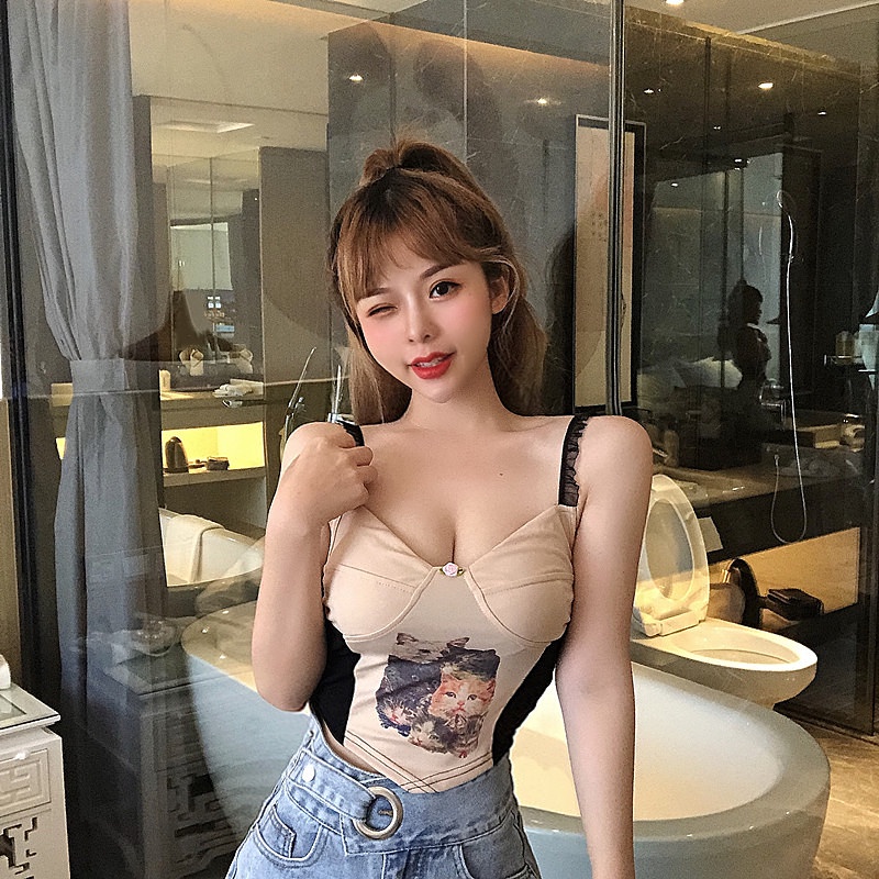 Áo Hai Dây In Hình Mèo Phong Cách Retro Quyến Rũ Thời Trang Mùa Hè