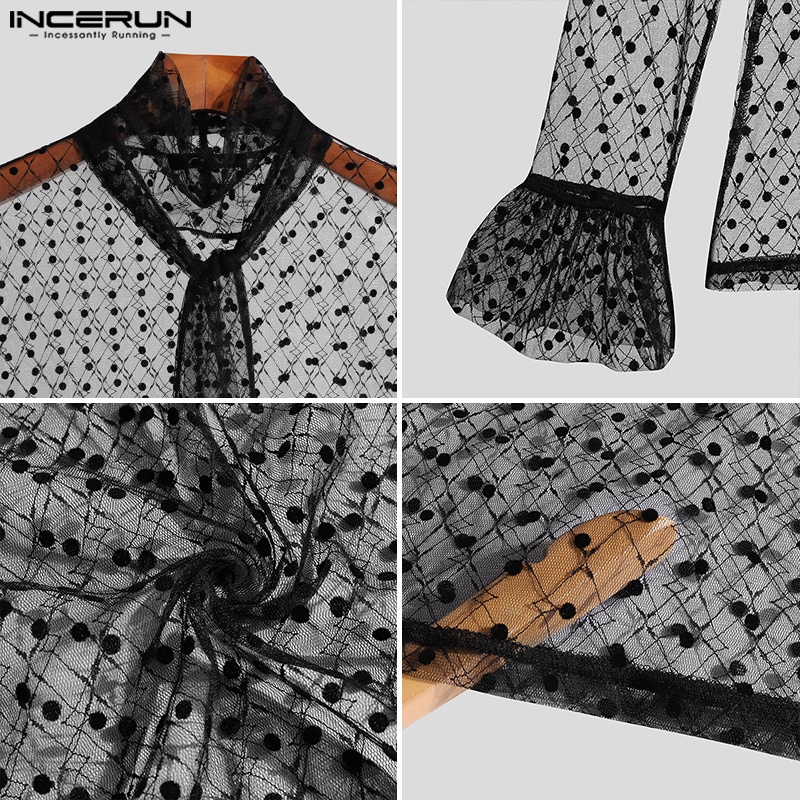 INCERUN Áo Thun Tay Dài Trong Suốt In Họa Tiết Hình Học Quyến Rũ Cho Nam