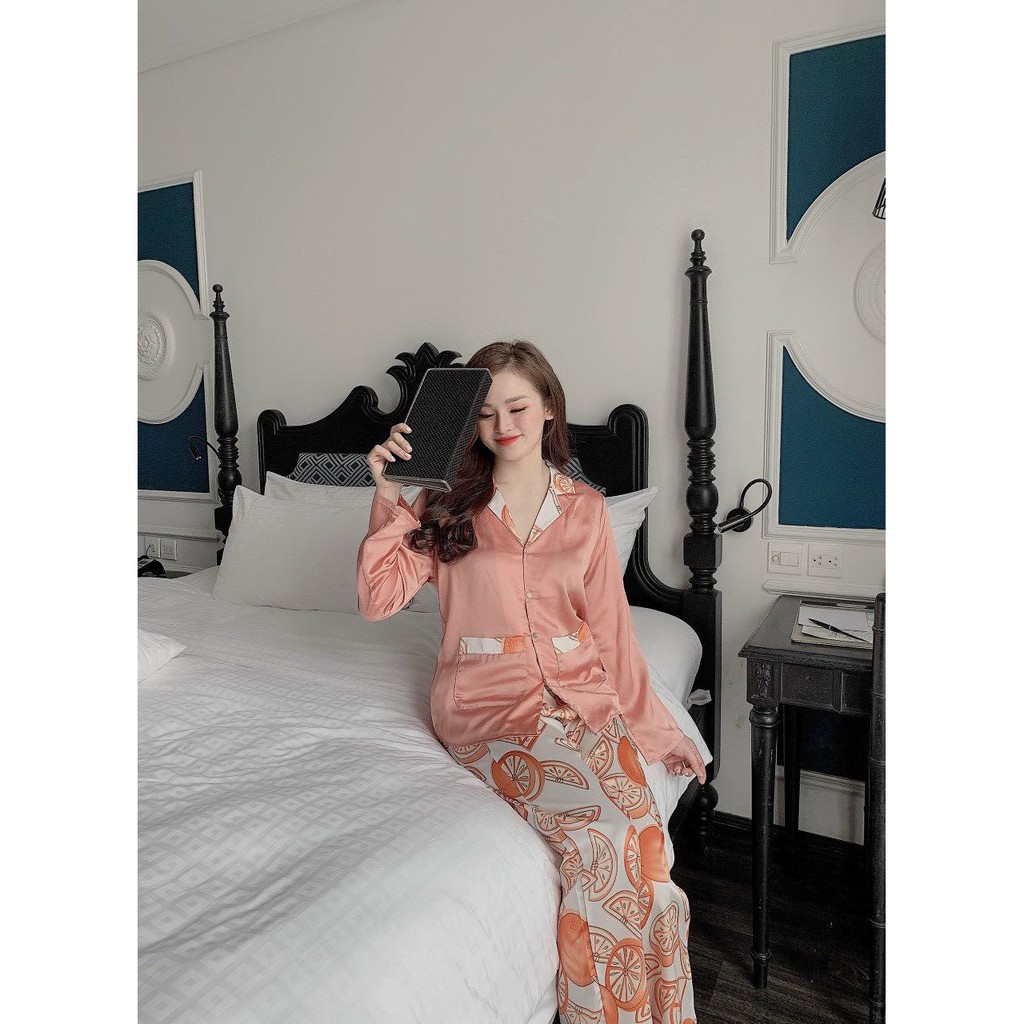 Đồ bộ pijama lụa satin tay dài quần dài chất mịn mát size&lt;60kg