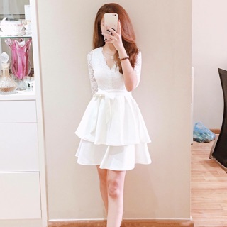 Váy xoè pha ren cổ v bèo tầng nơ buộc tay lỡ 0vx.00148.tr.fs