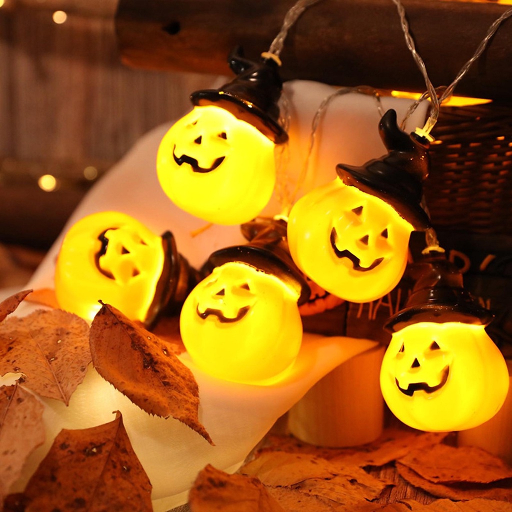 Dây đèn led bí ngô có mũ chạy pin loại 10 bóng - 20 bóng ánh sáng vàng trang trí Halloween