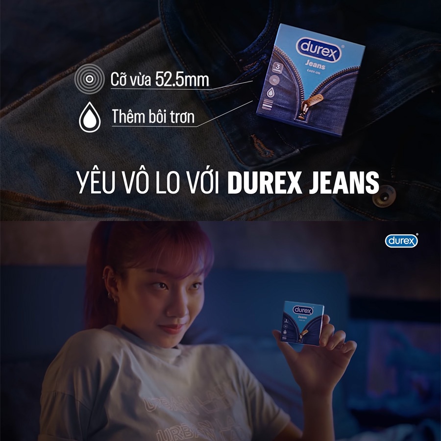 Bao cao su Durex Jeans hộp 3 bao - Kiểu dáng hiện đại, ôm sát vừa vặn - Sản xuất tại Thái Lan (Tổng kho bao cao su HN)