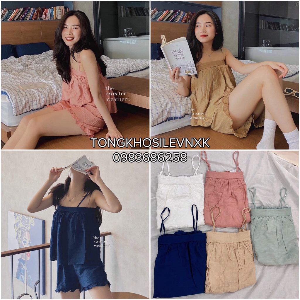 Set 2 Dây Đũi Bèo Chun Ngực Nữ  Bộ Ngủ Quần Short Đũi Ống Rộng Mix Áo Dây Babydoll Ulzzang 5 Màu