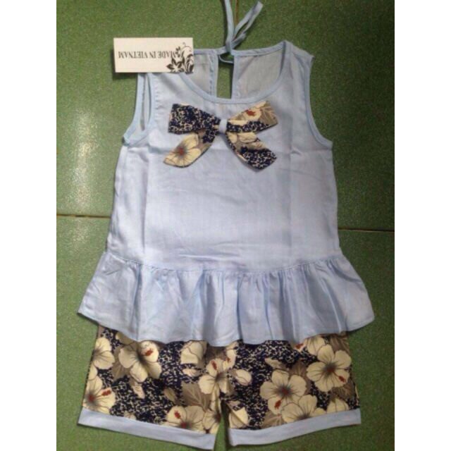 Bộ thô mềm nơ cổ quần hoa