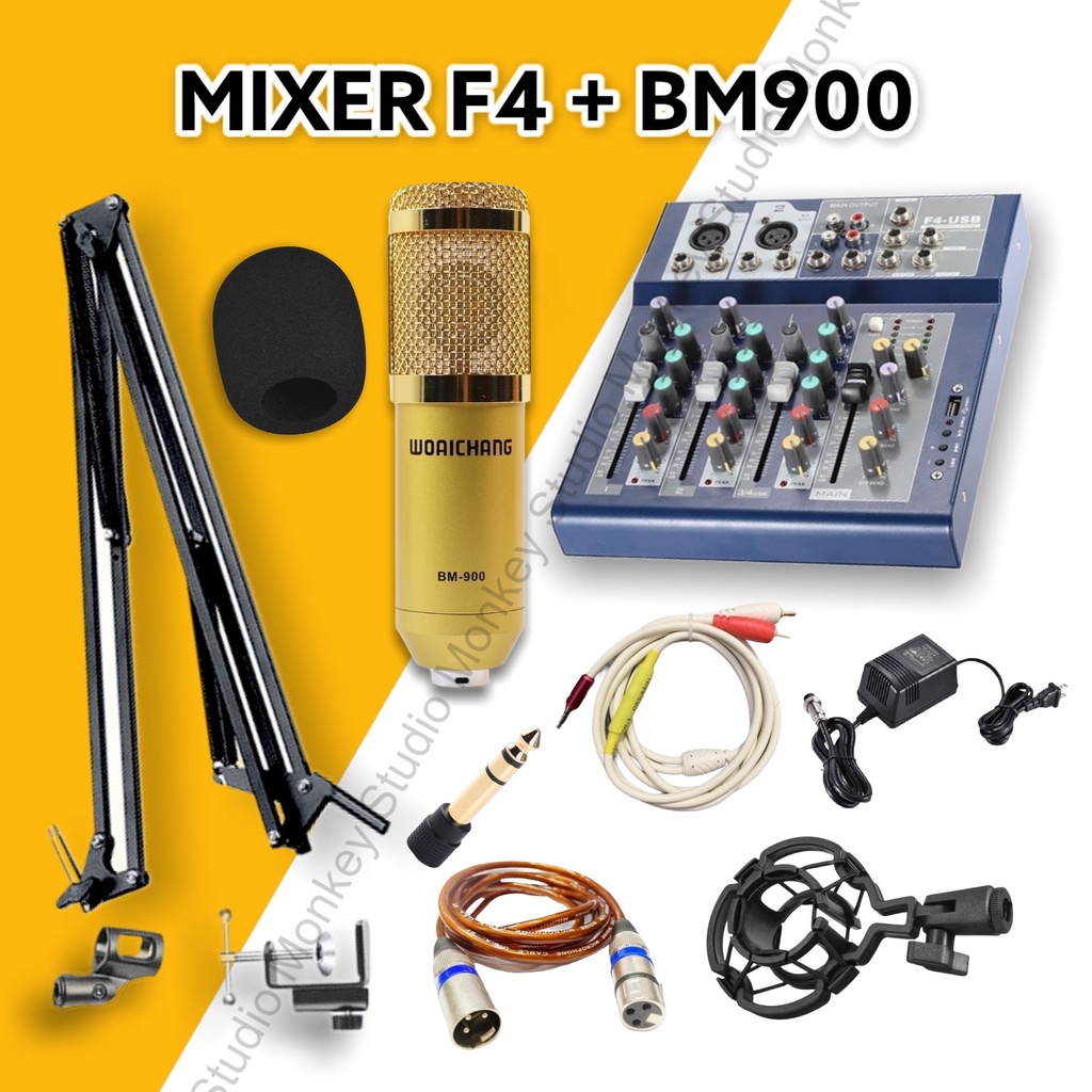 Bộ Combo Mic Thu Âm Hát Livestream Mixer F4 &amp; Mic BM900 ⚡BH 1 NĂM⚡ Thu Âm Điện Thoại Máy Tính