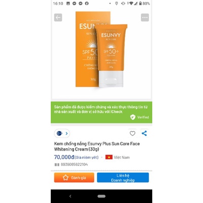 Combo2 túyp Kem chống nắng Esunvy Care SPF50+ bảo vệ dưỡng da không gây nhờn bóng
