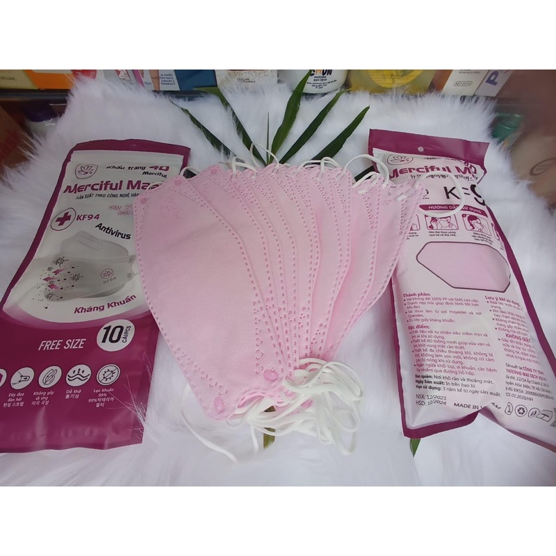 Combo 10 Bịch 100 Cái Khẩu Trang KF94 Vừa Ôm Sát Mặt Màu Hồng Vải Mịn Merciful Maks