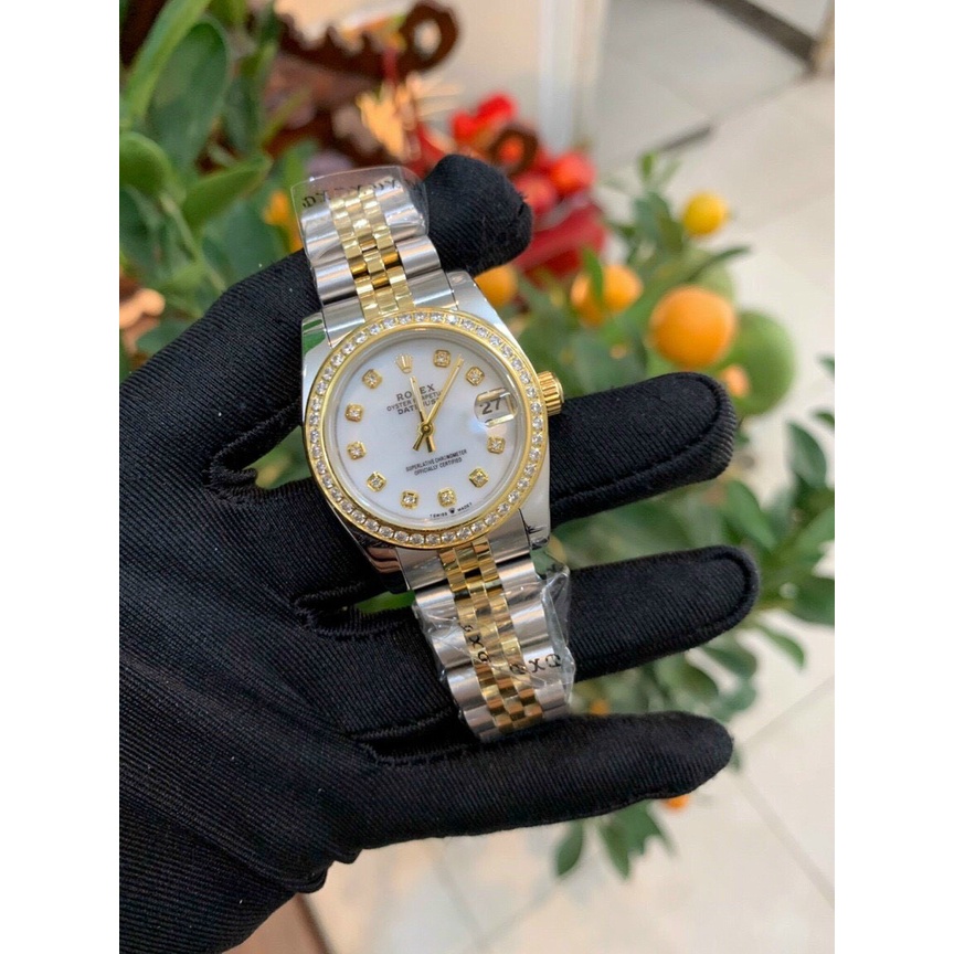 Đồng hồ nữ Rolex Lady 32mm máy cơ nhật, viền đá loại 1, khung thép không gỉ 316l, kính sapphire