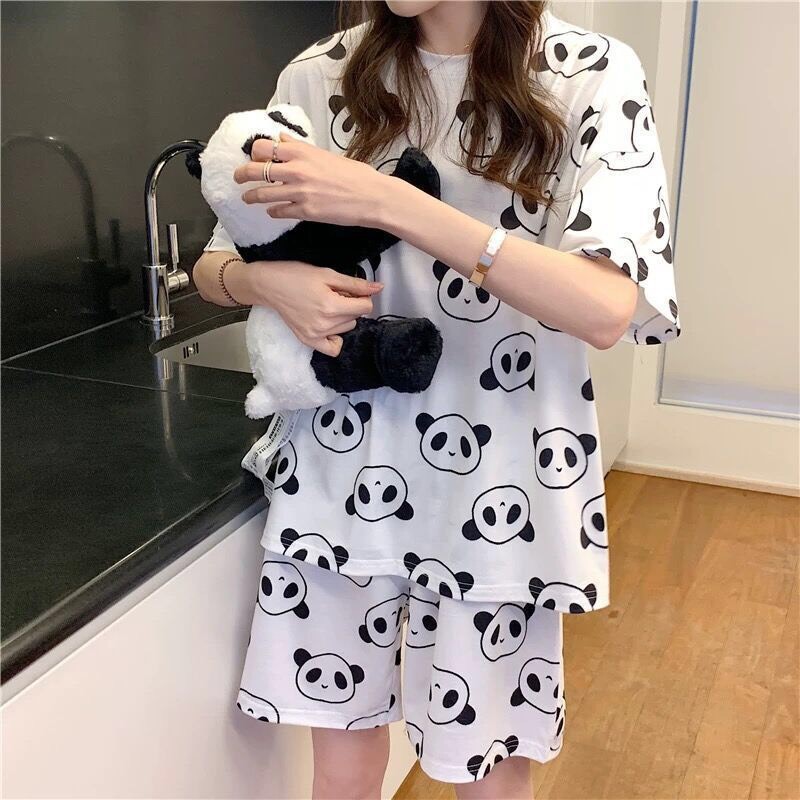 Bộ đồ ngủ cộc hoạt tiết hoạt hình vải thun cotton mát mẻ