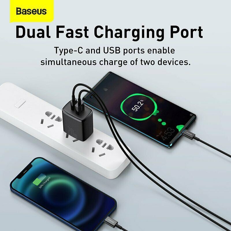 Cốc sạc nhanh siêu nhỏ gọn 20W Baseus Compact Quick Charger Có 2 Cổng USB + Type C,công suất 20W sạc được mọi điện thoại