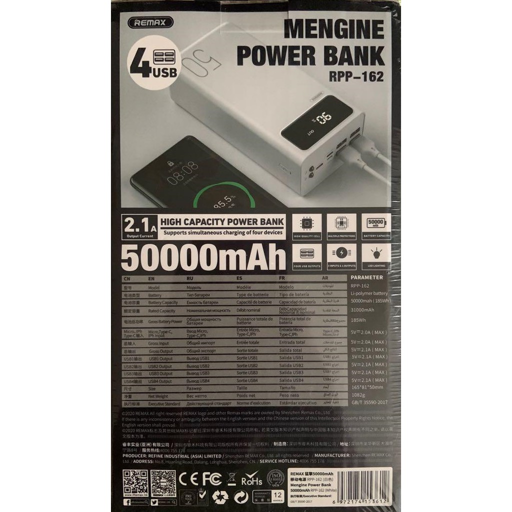 Pin sạc dự phòng Remax RPP-162 50000mAh, lõi Li-polymer, 3 cổng input, 4 cổng output (Trắng) - Hàng chính hãng