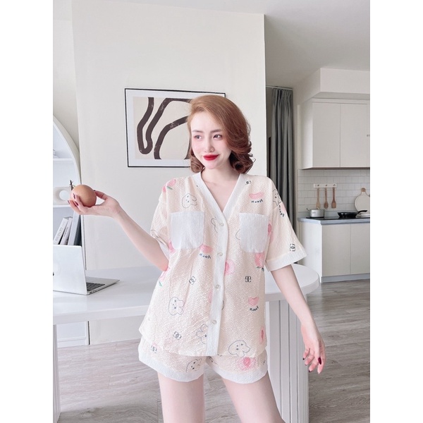 Bộ Pizama Mặc Nhà Nữ Trúc My lụa xốp quảng châu, cổ tim, Freesize 45-65kg, tuỳ chiều cao