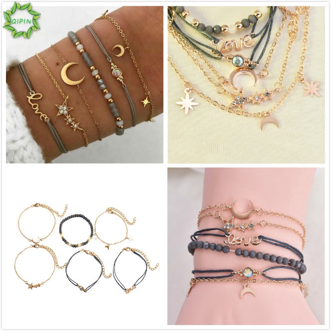 Set 6 vòng đeo tay phối mặt hình đa dạng phong cách cổ điển thời trang cho nữ