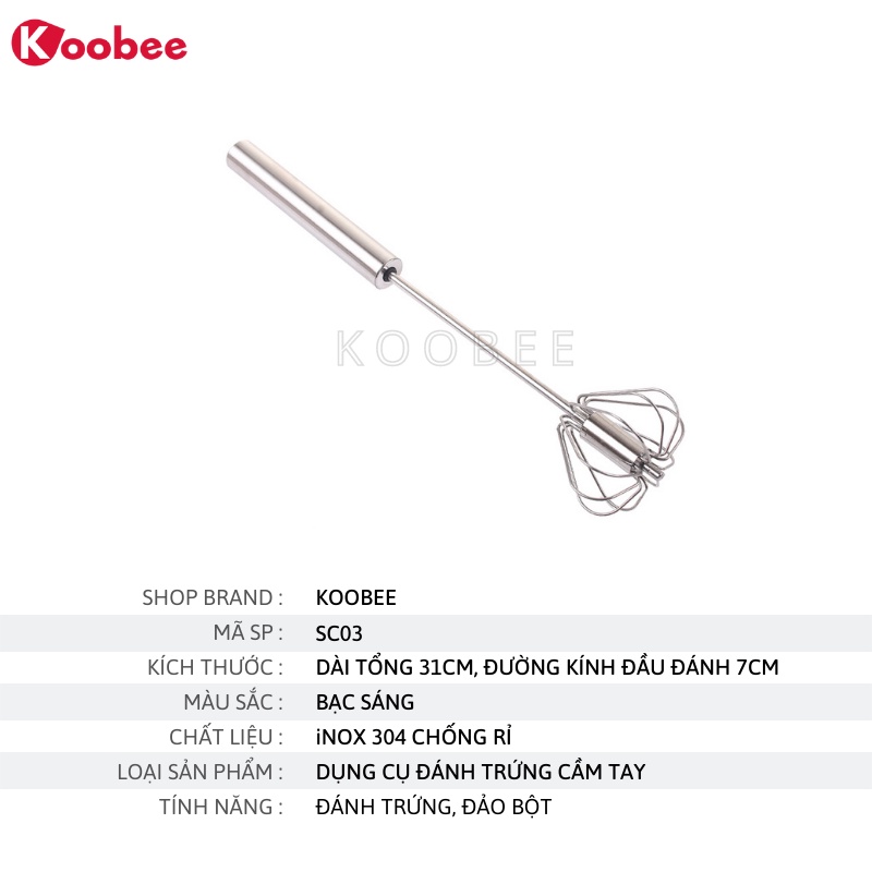 Phới Đánh Trứng KOOBEE Trục Xoay 360 Độ Tự Động Inox Cao Cấp Chống Rỉ Sáng Bóng (SC03)