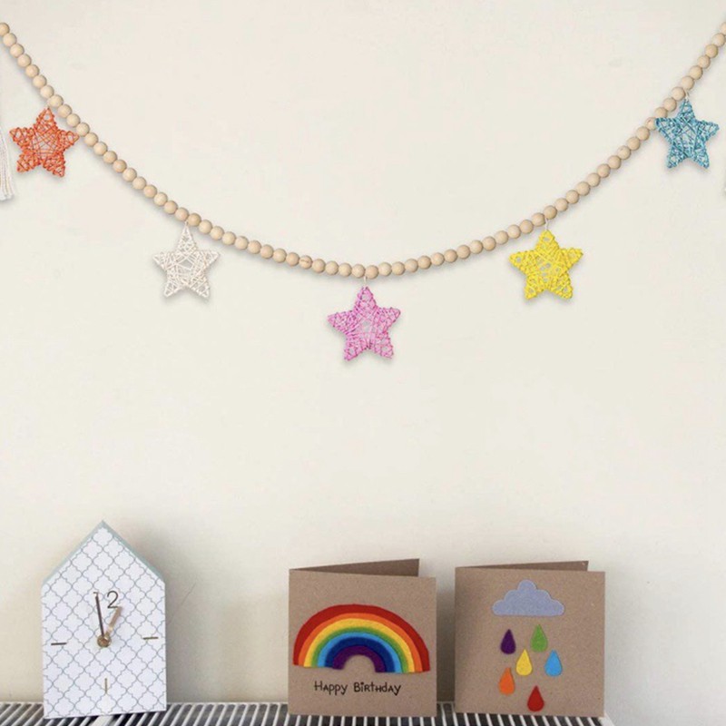 Handmade Woven Wood Bead Garland with Rattan Stars Wall Decoration