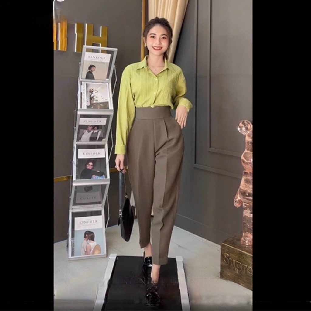 Quần tây Baggy nữ lưng cao cạp V, Quần Baggy nữ dáng công sở khóa sườn màu đen tuyết mưa cao cấp Okélla