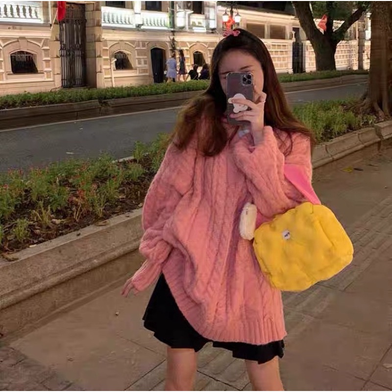 Áo len nữ màu trắng be xanh tím phom rộng sweater cổ tròn dài tay chất len vặn thừng dày dặn cao cấp phong cách Hàn Quốc