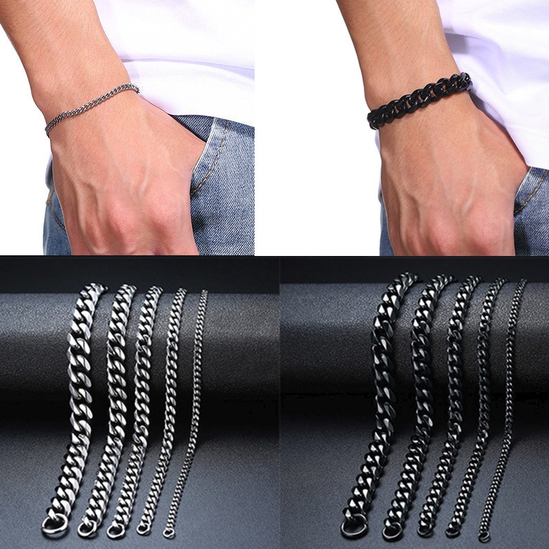 Vòng Tay Mắt Xích 4-8mm Bằng Thép Không Gỉ Màu Đen / Bạc Phong Cách Punk Cổ Điển Thời Trang Cho Nam Và Nữ