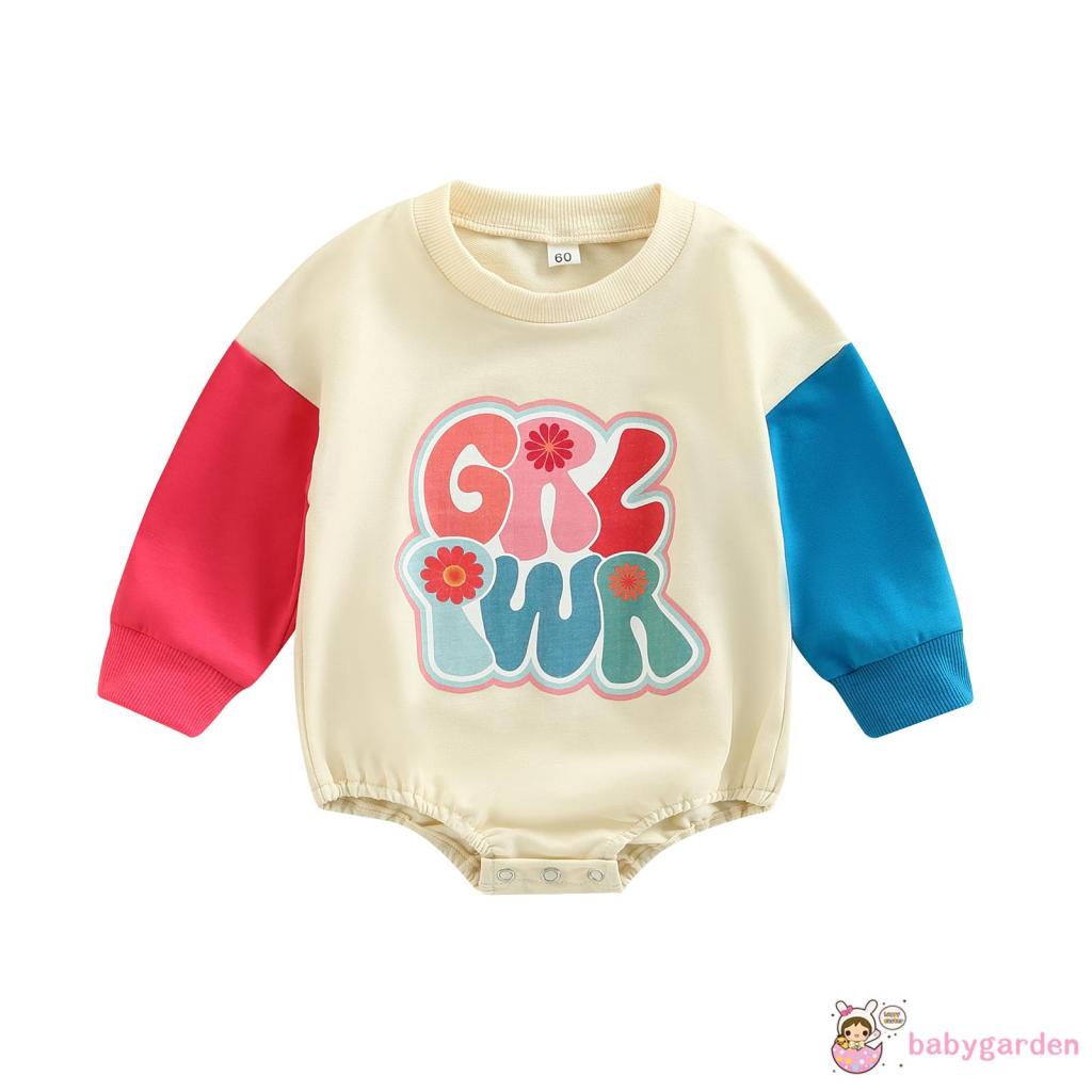 Áo Liền Quần Tay Dài Cổ Tròn In Chữ Màu Sắc Tương Phản Thời Trang Cho Bé Gái 0-18 Tháng Tuổi